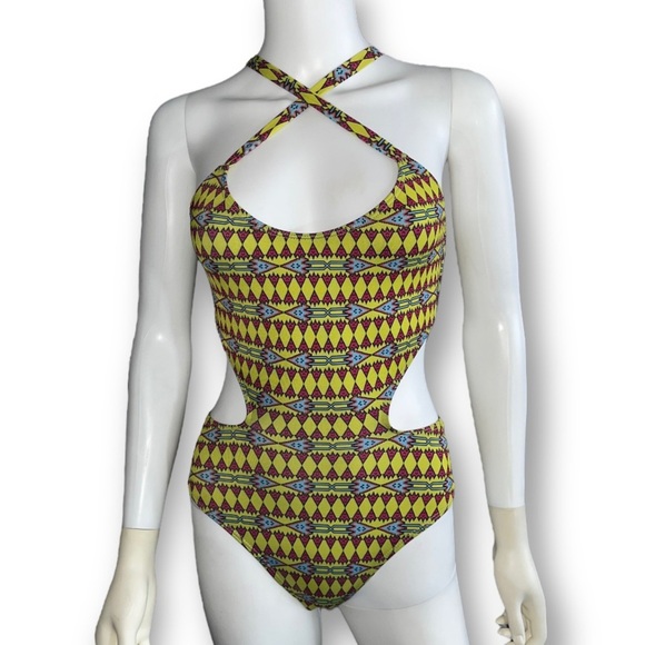 BEACH RIOT Neon Yellow Pink Abstract Print One Piece Cut Out Halter Swimsuit XS - Picture 1 of 5